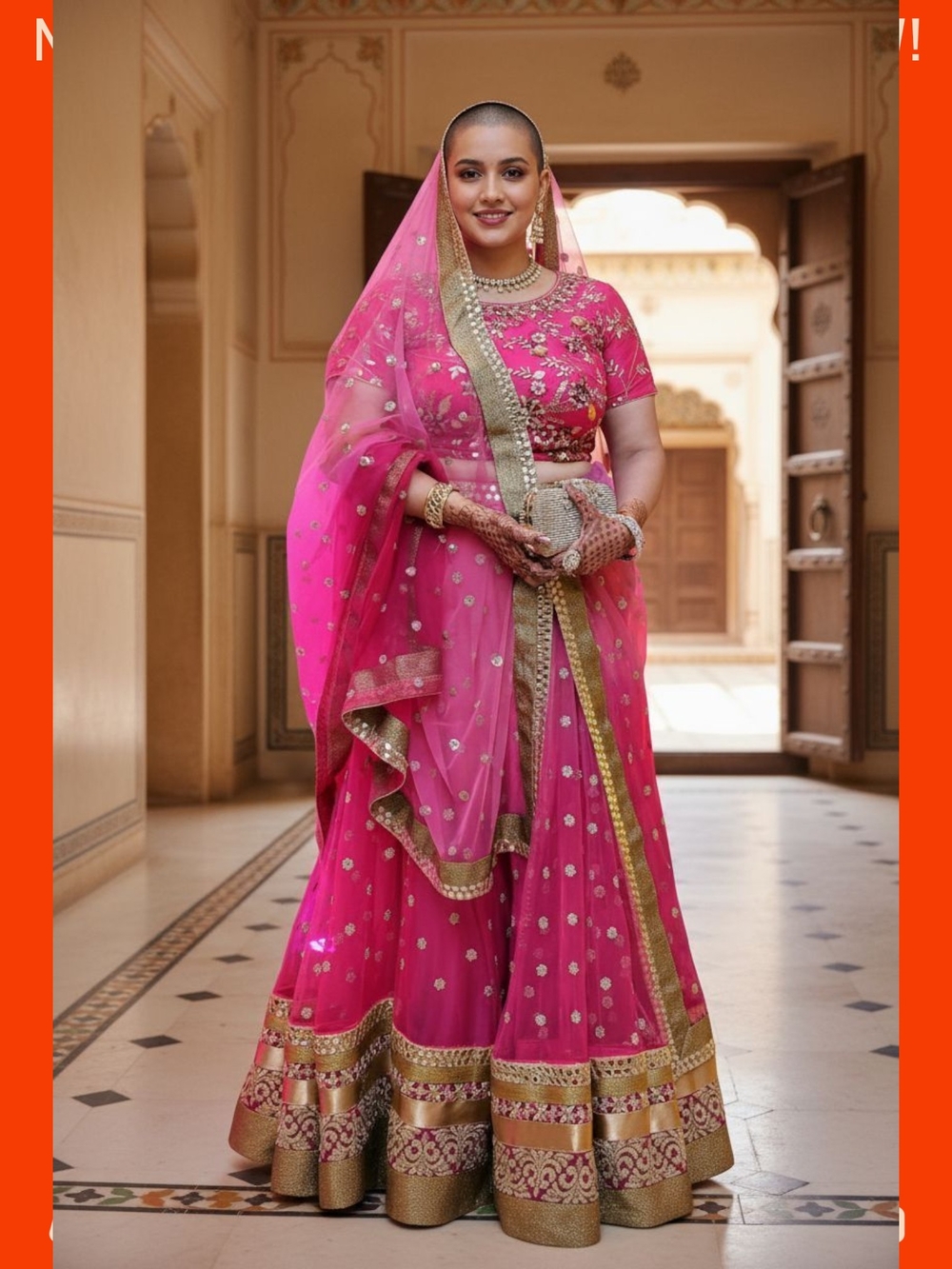 Ethnic Indian Wear Pink & Gold Bridal Lehenga with Embellished Dupatta, Blouse.